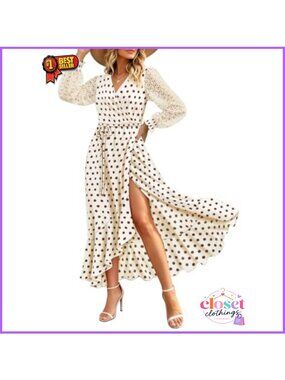 Lace Long Sleeve Boho Polka Dot Maxi Wrap Dress Semi Formal